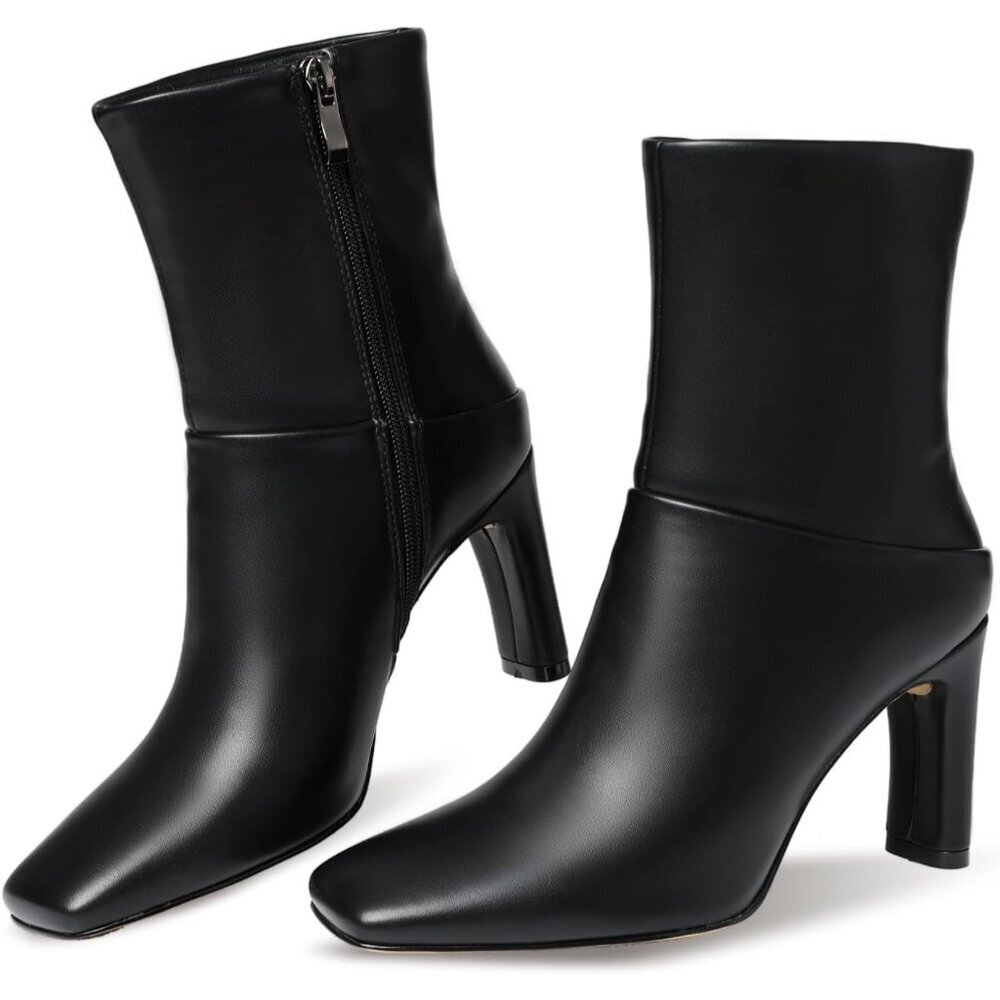 Women's Black Square Toe Ankle Boots Low Heel Side Zipper Comfort Dressy